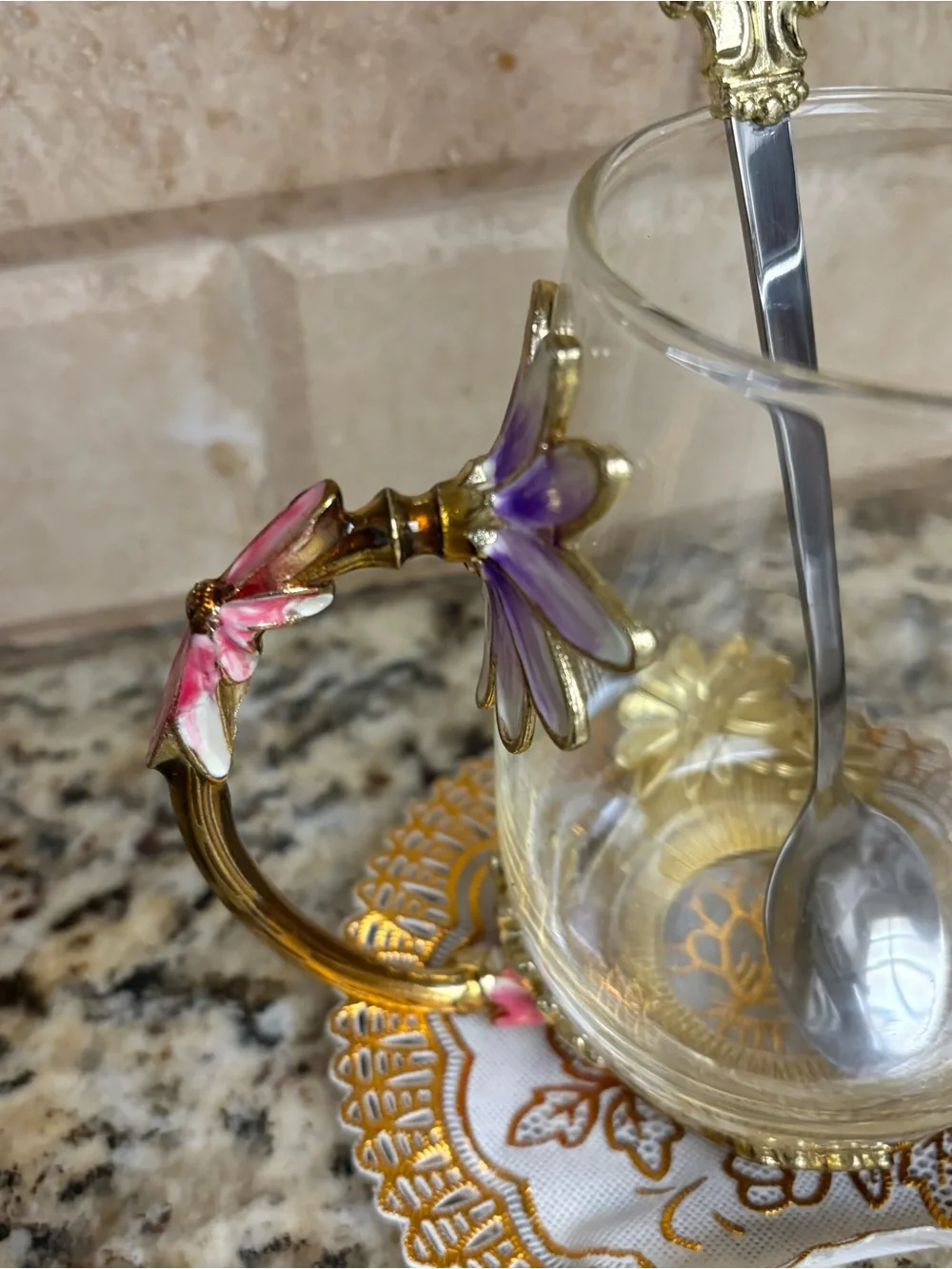 Glass Tea Cup with Gold Floral Handle and Pink Accents